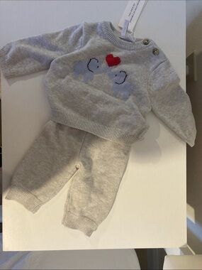 Janie and Jack Light Gray Knit Sweater with Blue Elephant Motif